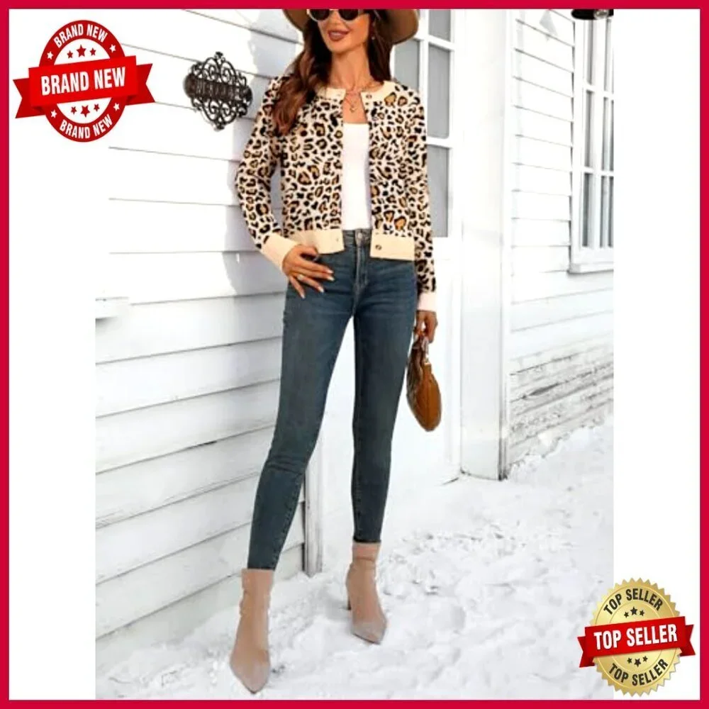Cropped Cardigan Sweater Floral Leopard Print Button Front Shrug Chic_5